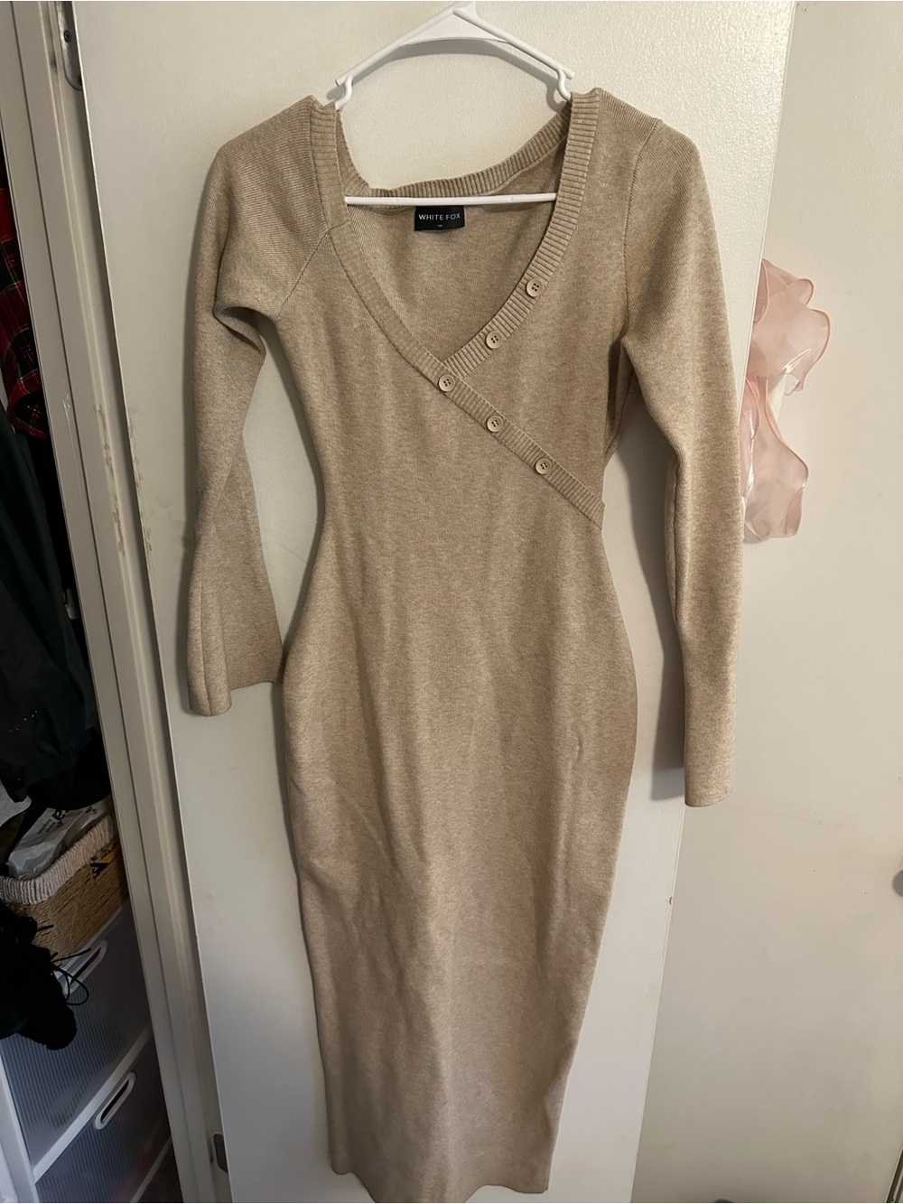 White Fox Taupe Knit Midi Dress Button Detail Long Sleeve Size M